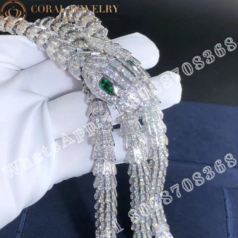 Bulgari Serpenti necklace in white gold set with two pear brilliant cut emeralds and diamond pavé necklace - Image 10