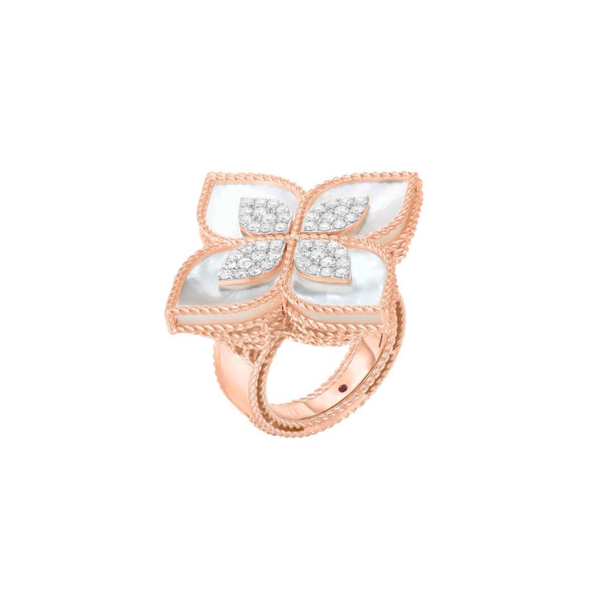 Roberto Coin Princess Flower Rose Gold and White Gold Ring with Mother-of-pearl and Diamonds