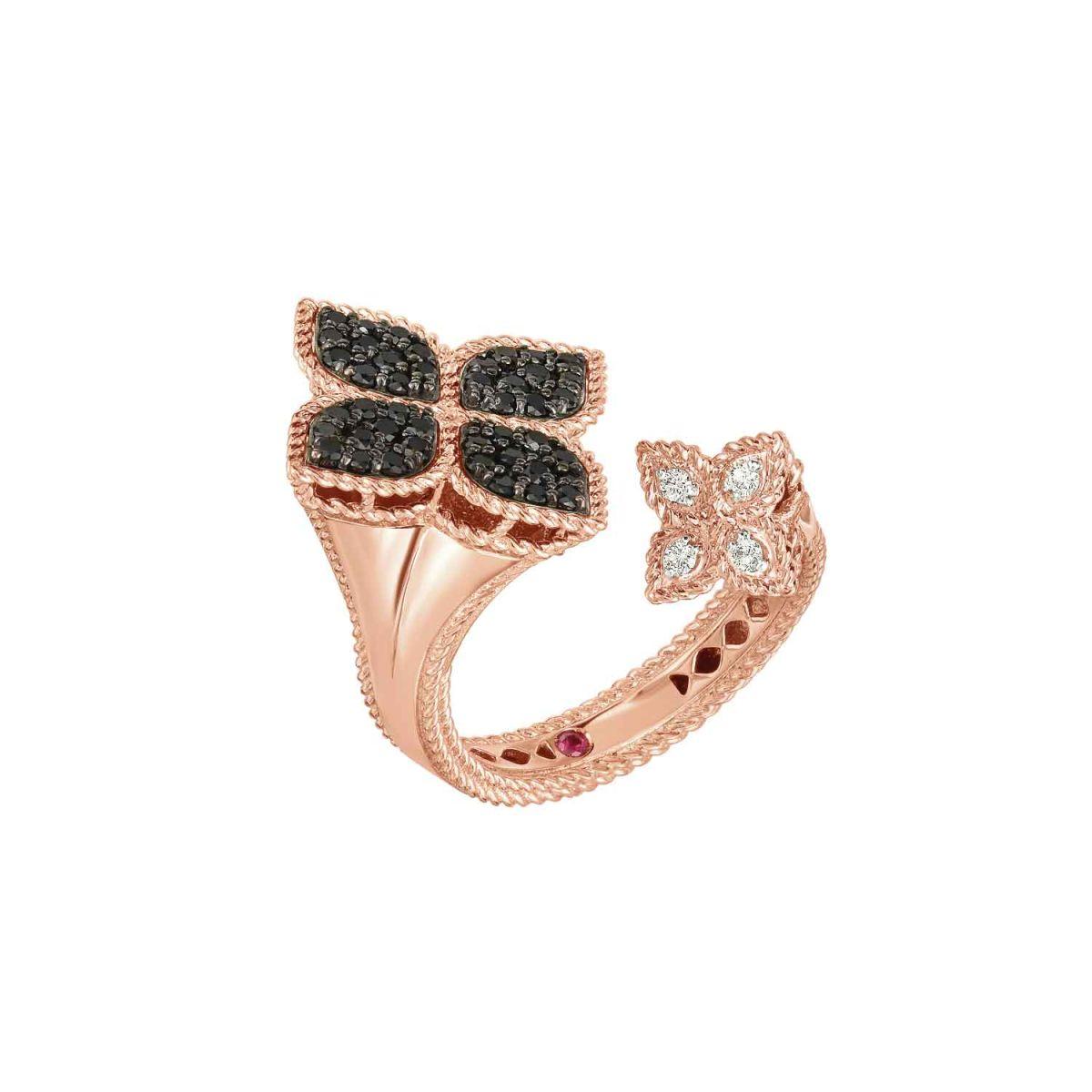 Roberto Coin Princess Flower Rose Gold Ring with White and Black Diamonds