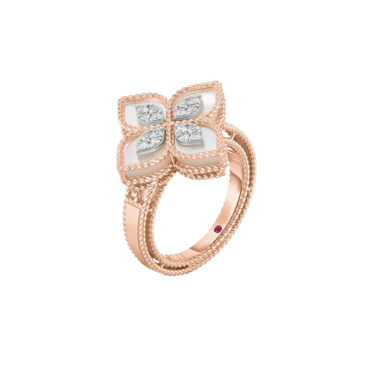 Roberto Coin Princess Flower Rose Gold with Mother of Pearl and Diamonds Ring