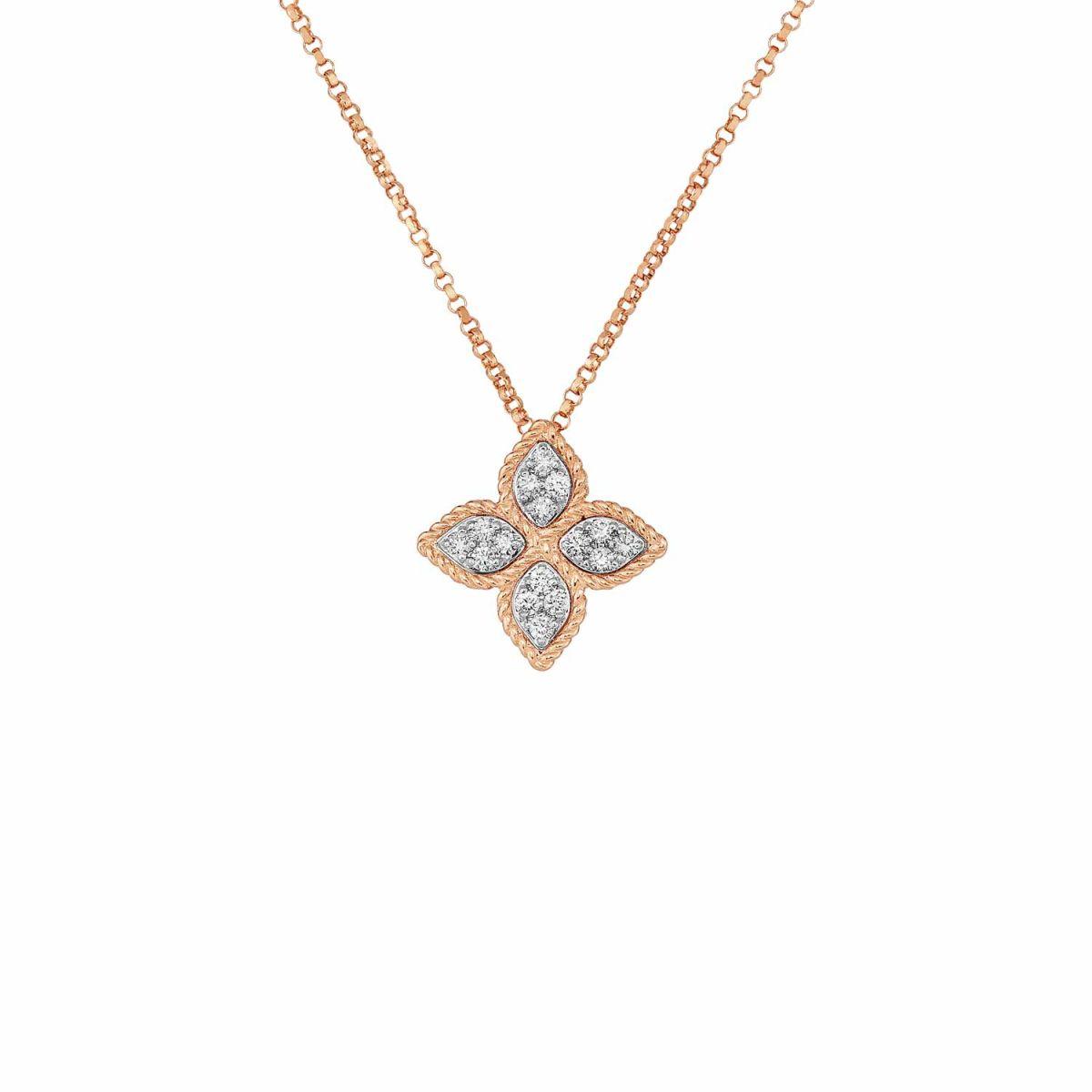 Roberto Coin Princess Flower Rose Gold Necklace with Diamonds