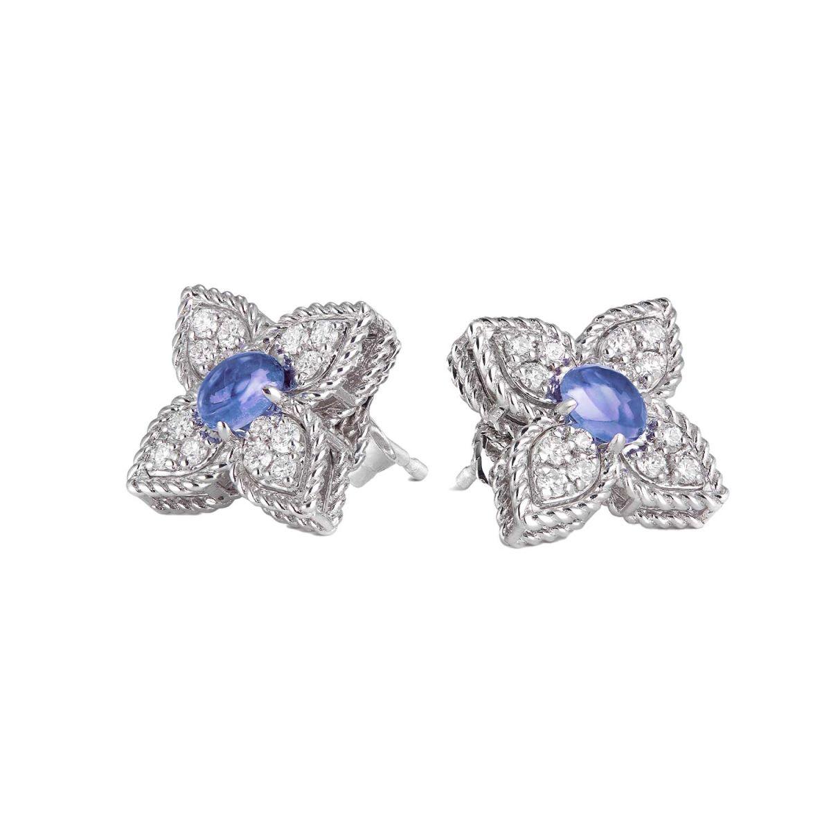 Roberto Coin Princess Flower White Gold Earrings with Tanzanite and Diamonds