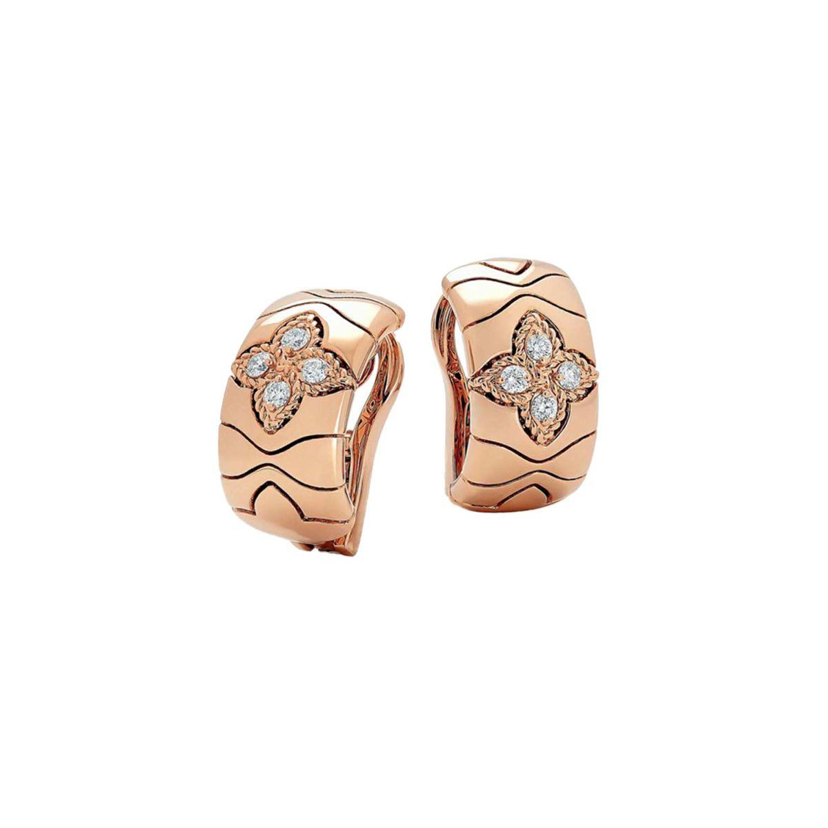 Roberto Coin Royal Princess Flower Rose and White Gold Earrings with Diamonds