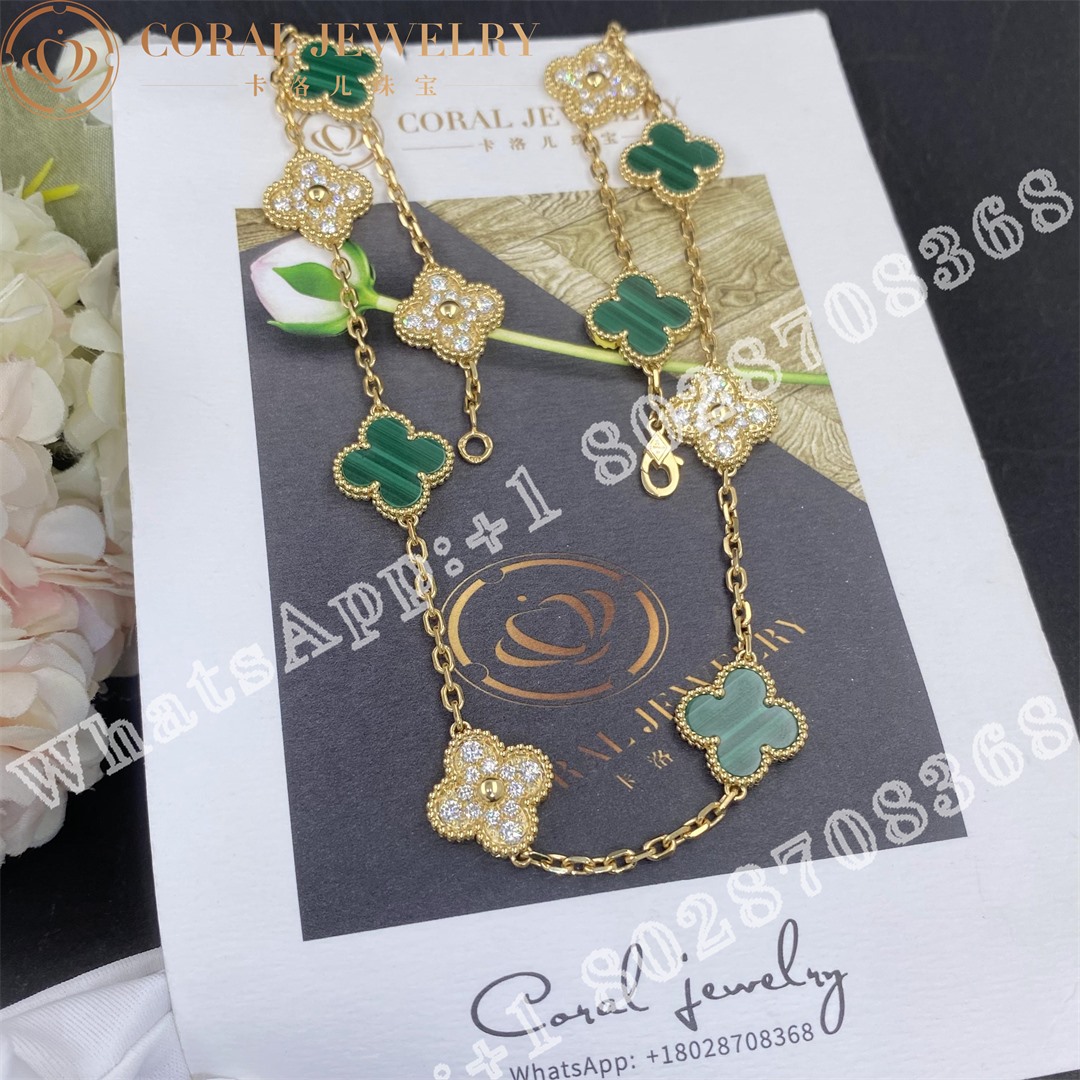 Van Cleef & Arpels Vintage Alhambra Necklace, 10 Motifs Yellow Gold, Diamond, Malachite VCARO9J400 - Image 4