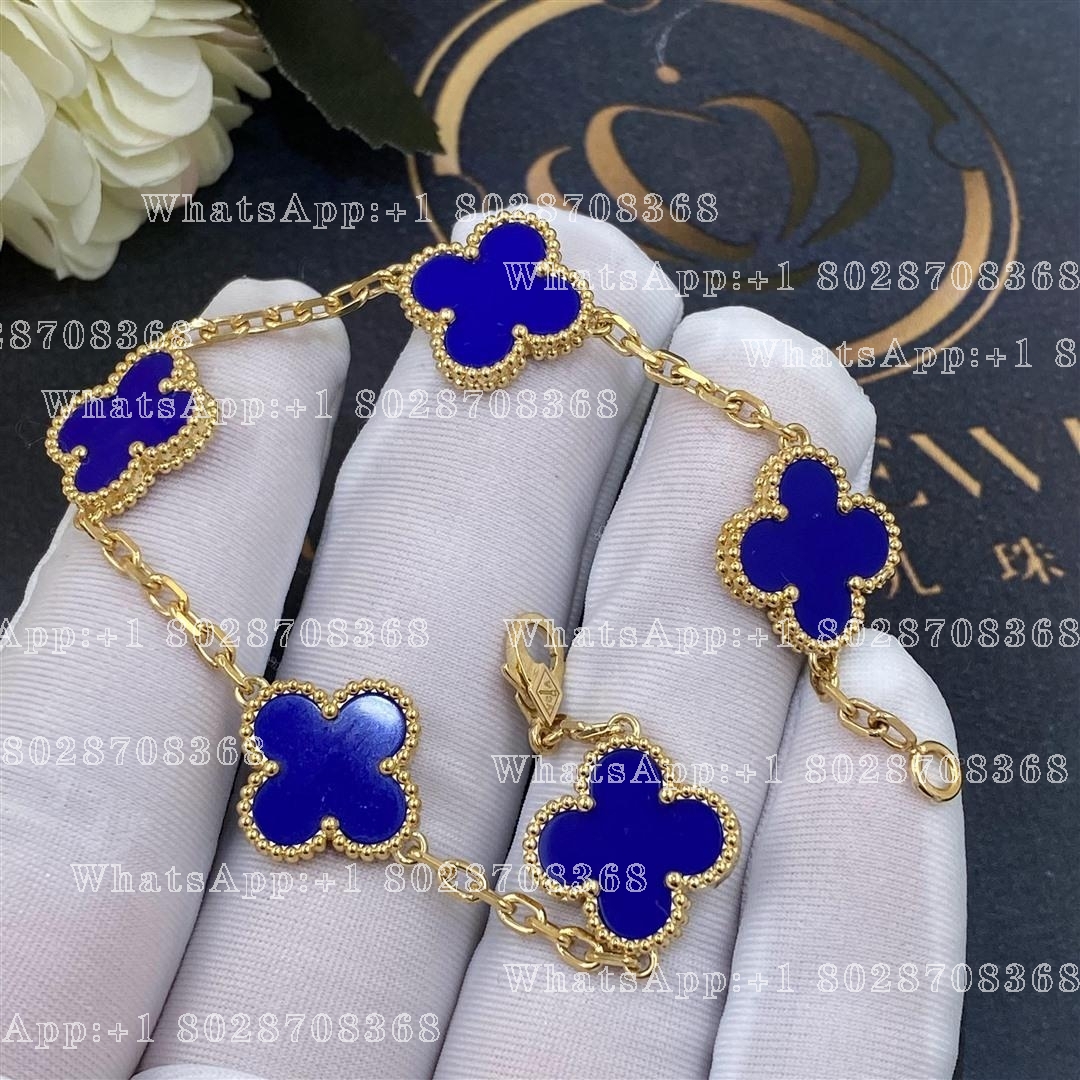 Van Cleef & Arpels Vintage Alhambra 5 Motif 18k Yellow Gold Dark Blue Agate Bracelet