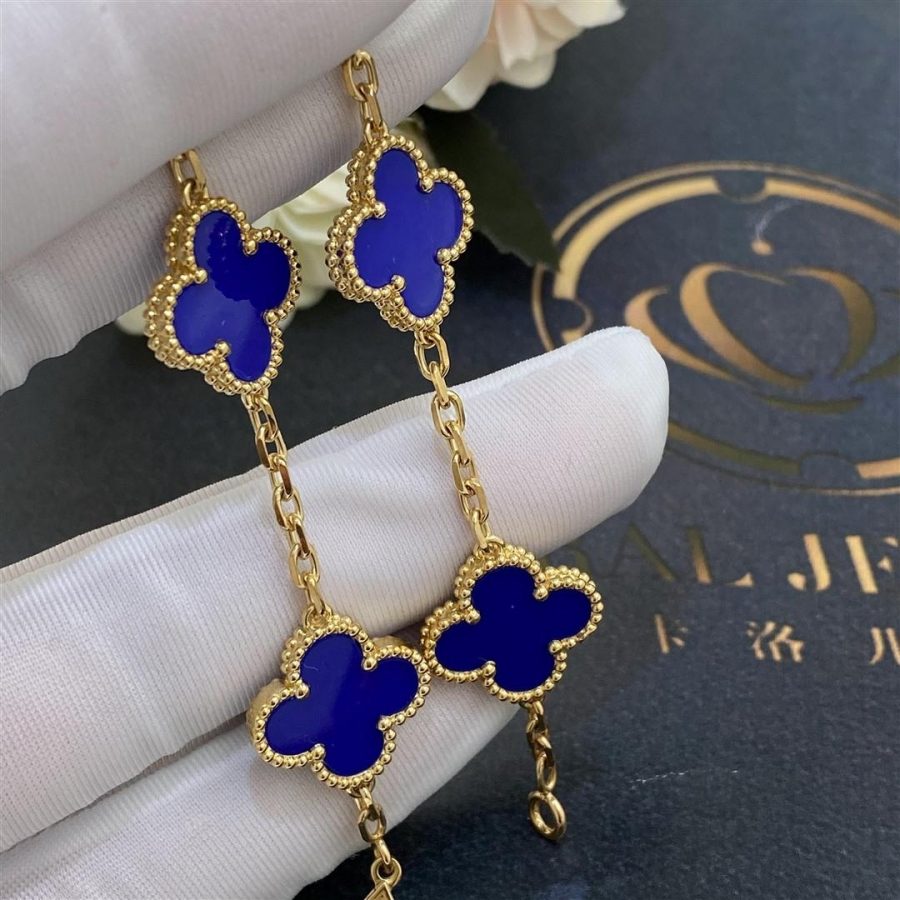 Van Cleef & Arpels Vintage Alhambra 5 Motif 18k Yellow Gold Dark Blue Agate Bracelet