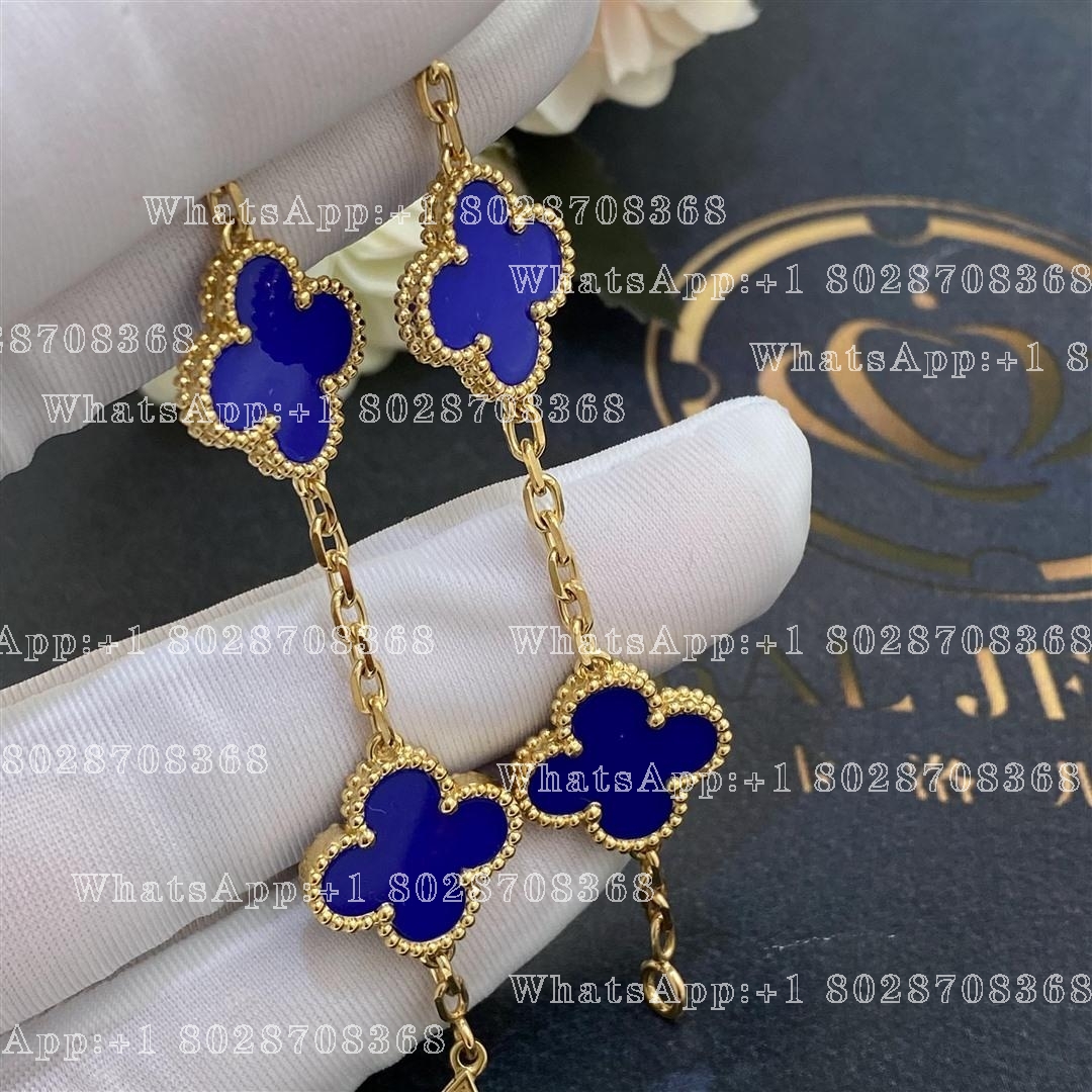 Van Cleef & Arpels Vintage Alhambra 5 Motif 18k Yellow Gold Dark Blue Agate Bracelet