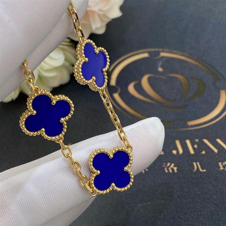 Van Cleef & Arpels Vintage Alhambra 5 Motif 18k Yellow Gold Dark Blue Agate Bracelet