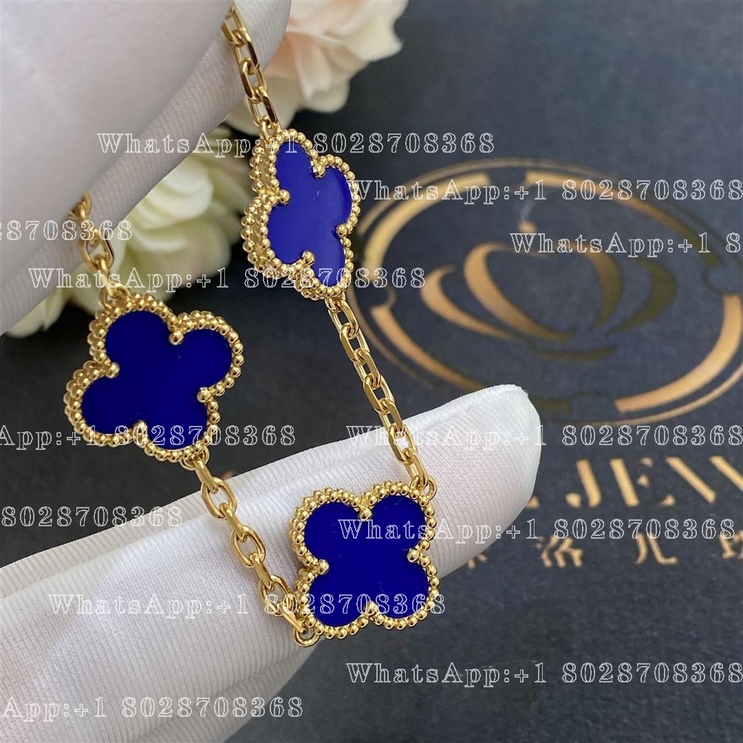 Van Cleef & Arpels Vintage Alhambra 5 Motif 18k Yellow Gold Dark Blue Agate Bracelet