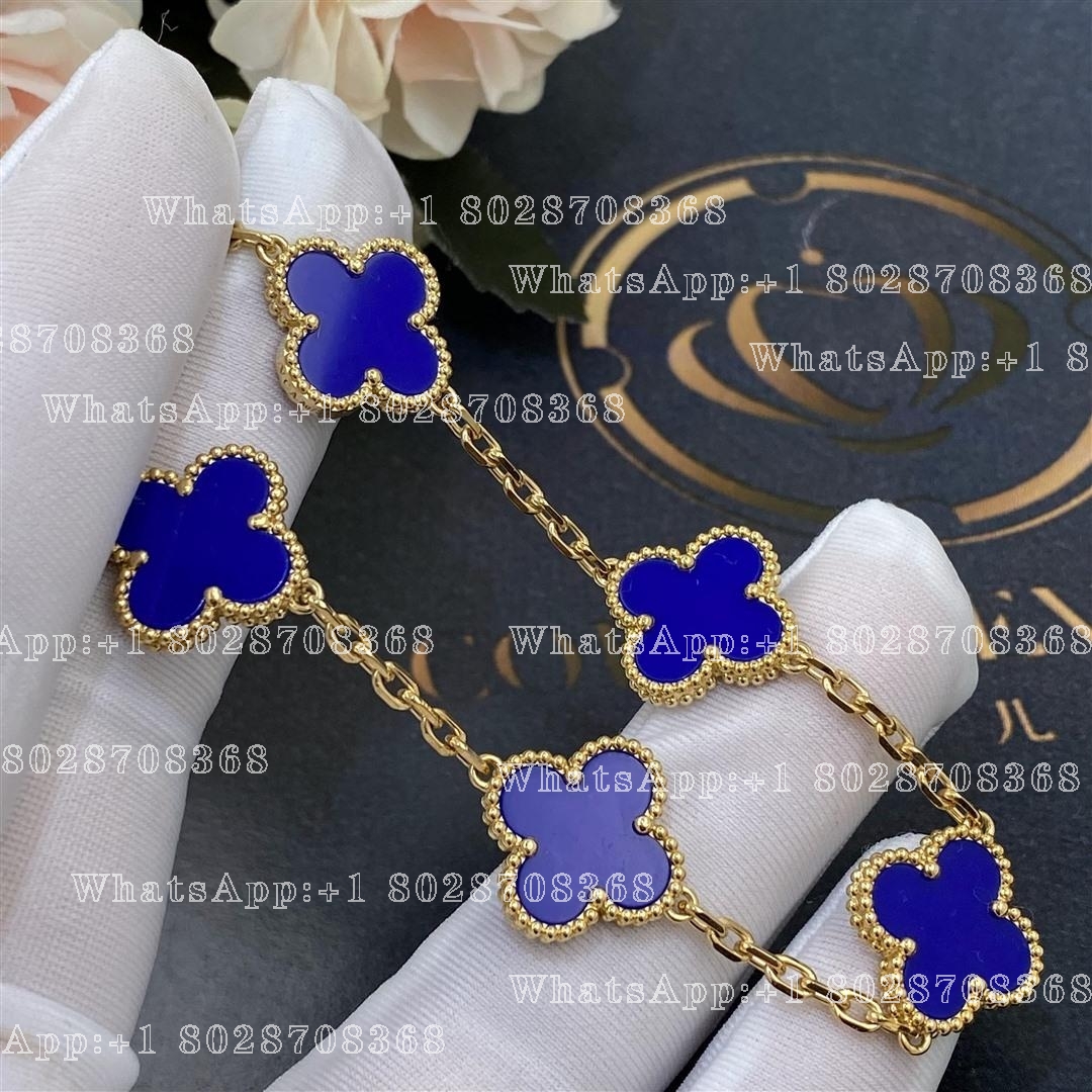 Van Cleef & Arpels Vintage Alhambra 5 Motif 18k Yellow Gold Dark Blue Agate Bracelet