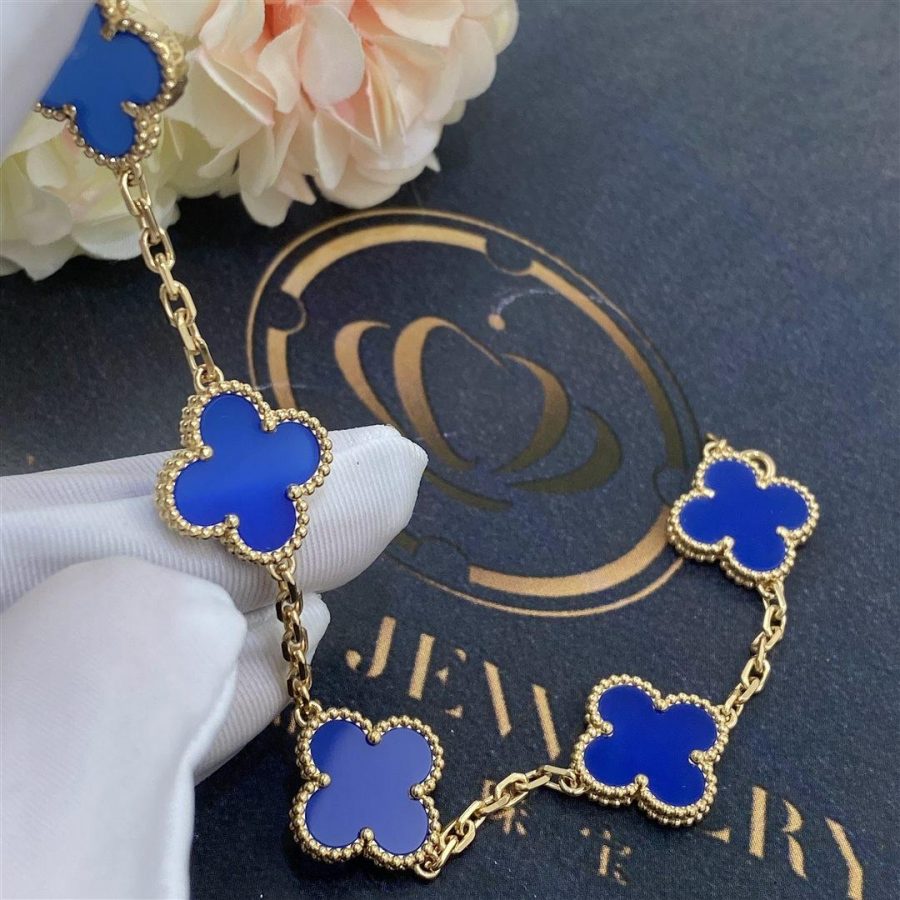 Van Cleef & Arpels Vintage Alhambra 5 Motif 18k Yellow Gold Dark Blue Agate Bracelet