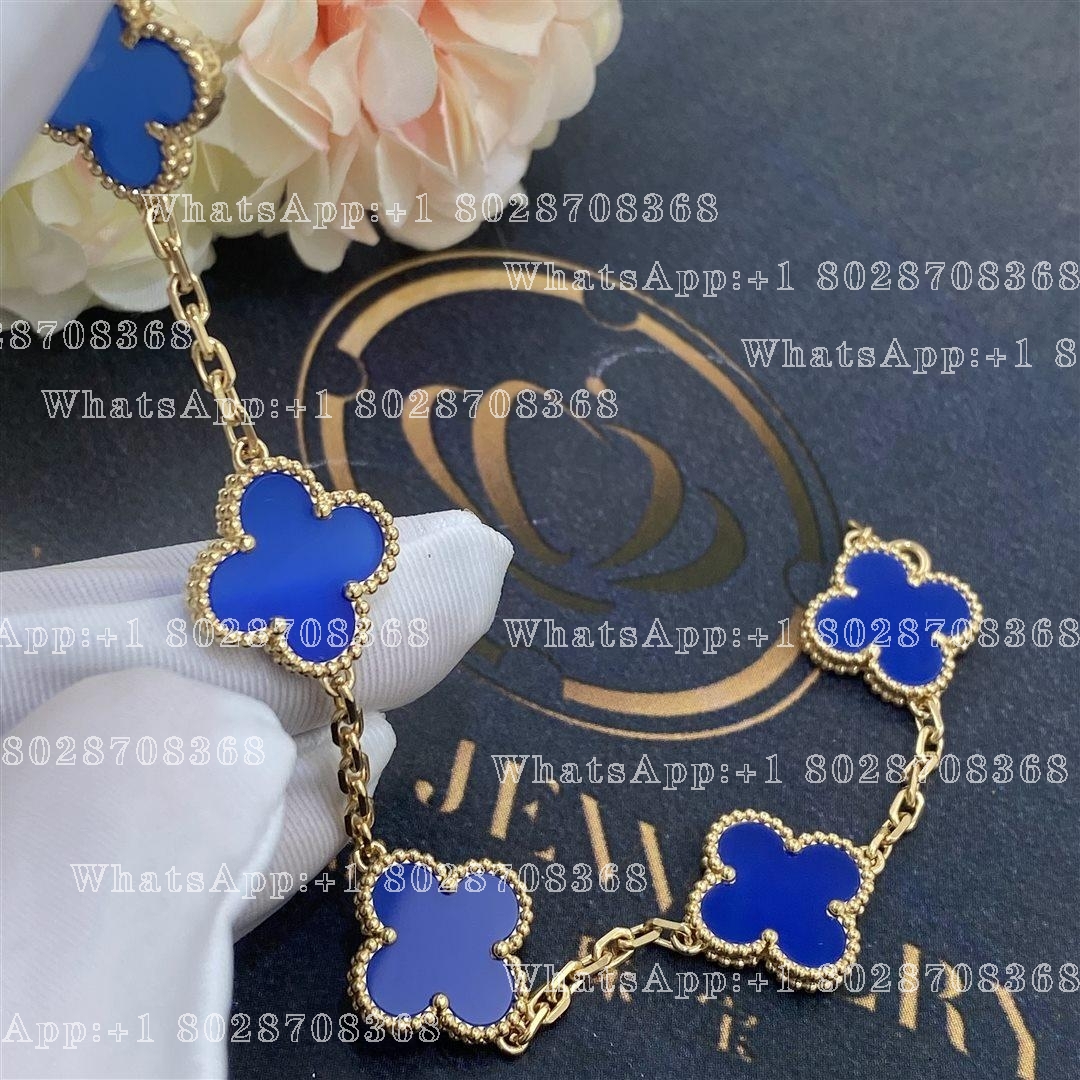 Van Cleef & Arpels Vintage Alhambra 5 Motif 18k Yellow Gold Dark Blue Agate Bracelet