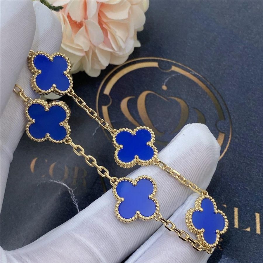 Van Cleef & Arpels Vintage Alhambra 5 Motif 18k Yellow Gold Dark Blue Agate Bracelet