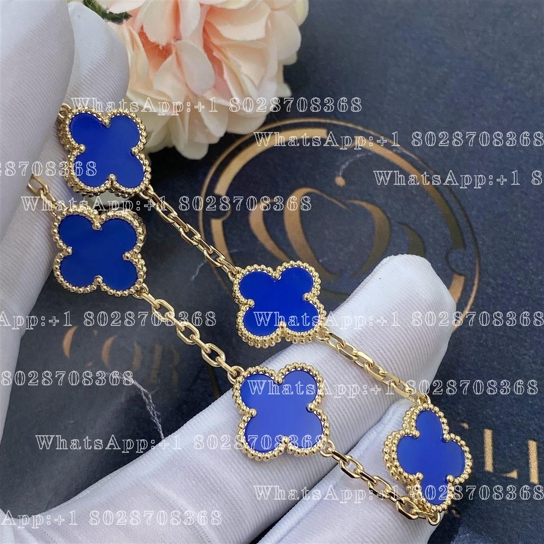 Van Cleef & Arpels Vintage Alhambra 5 Motif 18k Yellow Gold Dark Blue Agate Bracelet