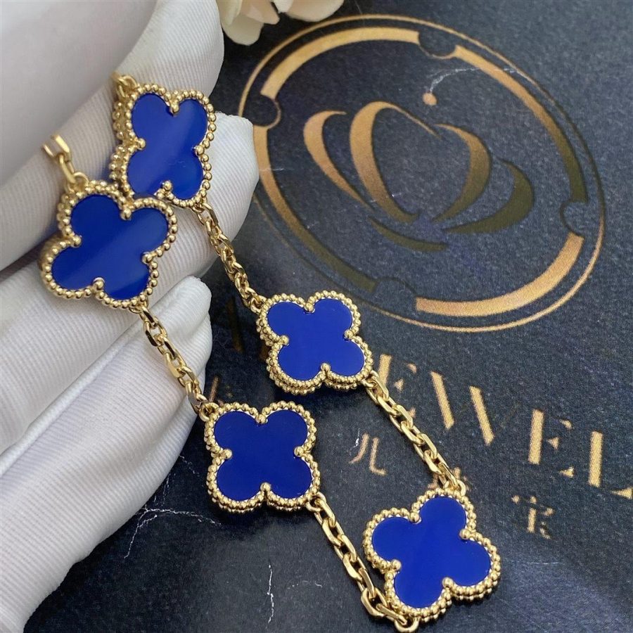 Van Cleef & Arpels Vintage Alhambra 5 Motif 18k Yellow Gold Dark Blue Agate Bracelet