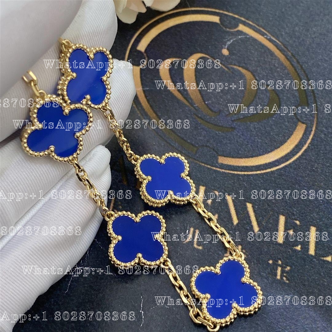 Van Cleef & Arpels Vintage Alhambra 5 Motif 18k Yellow Gold Dark Blue Agate Bracelet