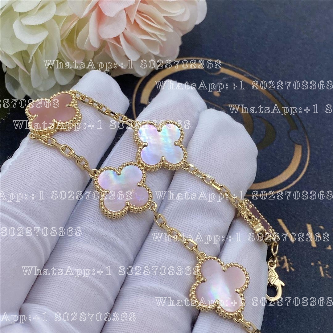 Van Cleef & Arpels Vintage Alhambra 5 Motif 18k Yellow Gold Pink Mother of pearl Bracelet