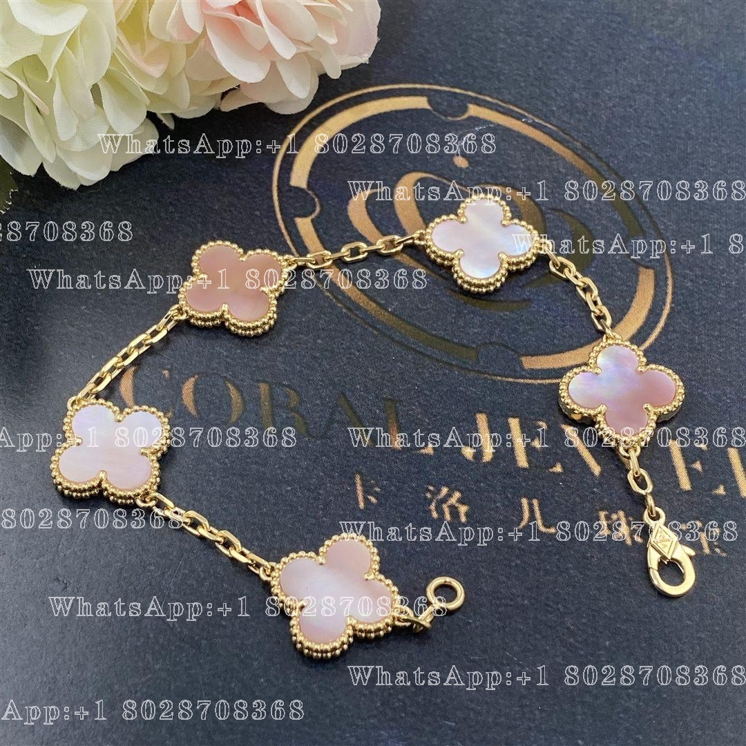 Van Cleef & Arpels Vintage Alhambra 5 Motif 18k Yellow Gold Pink Mother of pearl Bracelet