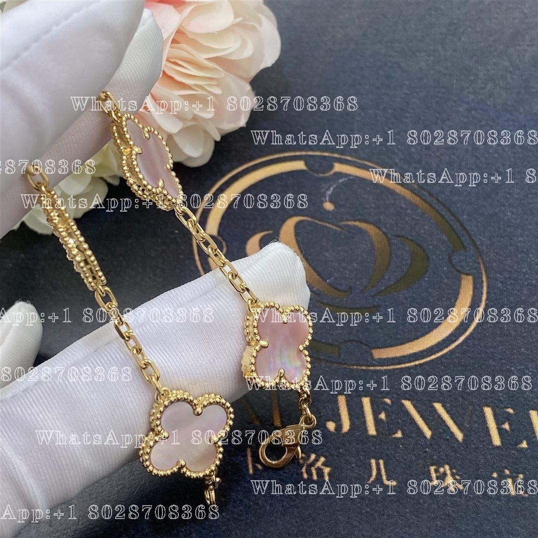 Van Cleef & Arpels Vintage Alhambra 5 Motif 18k Yellow Gold Pink Mother of pearl Bracelet