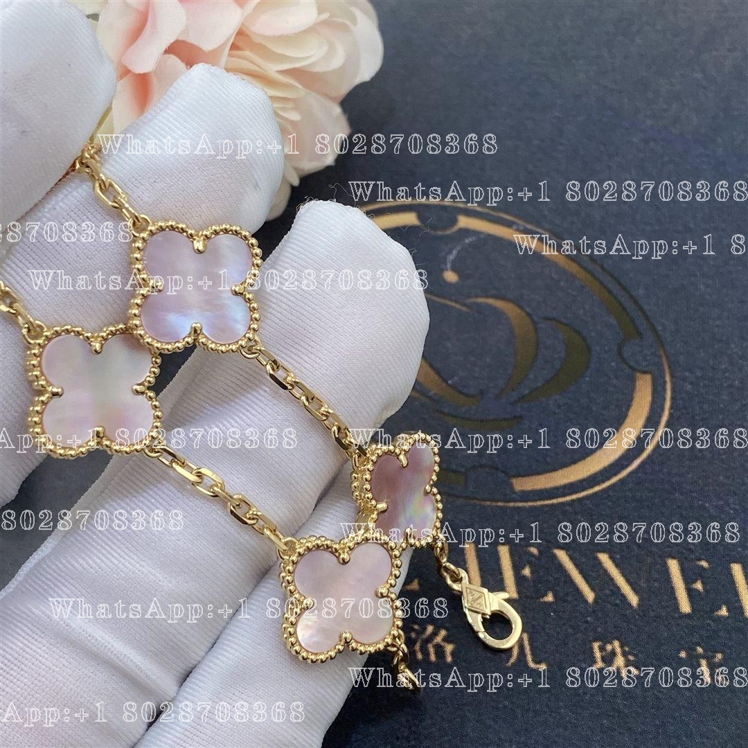 Van Cleef & Arpels Vintage Alhambra 5 Motif 18k Yellow Gold Pink Mother of pearl Bracelet
