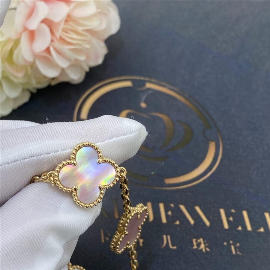 Van Cleef & Arpels Vintage Alhambra 5 Motif 18k Yellow Gold Pink Mother of pearl Bracelet