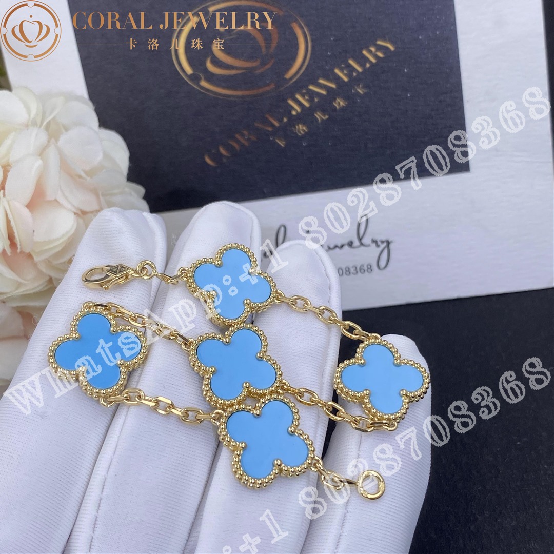 Van Cleef Arpels Vintage Alhambra 5 Motif 18k Yellow Gold Turquoise Bracelet Coral (1)