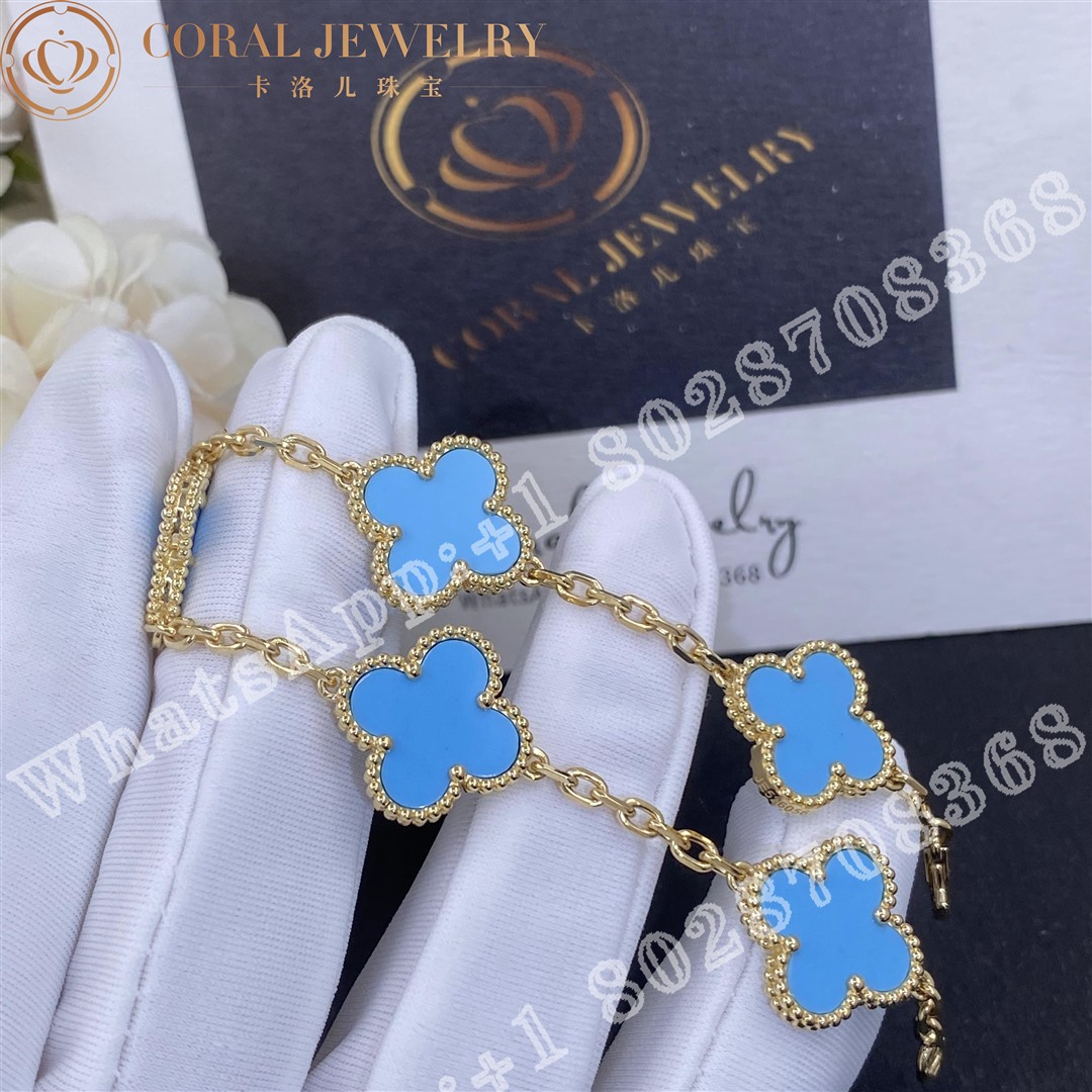 Van Cleef Arpels Vintage Alhambra 5 Motif 18k Yellow Gold Turquoise Bracelet Coral (2)