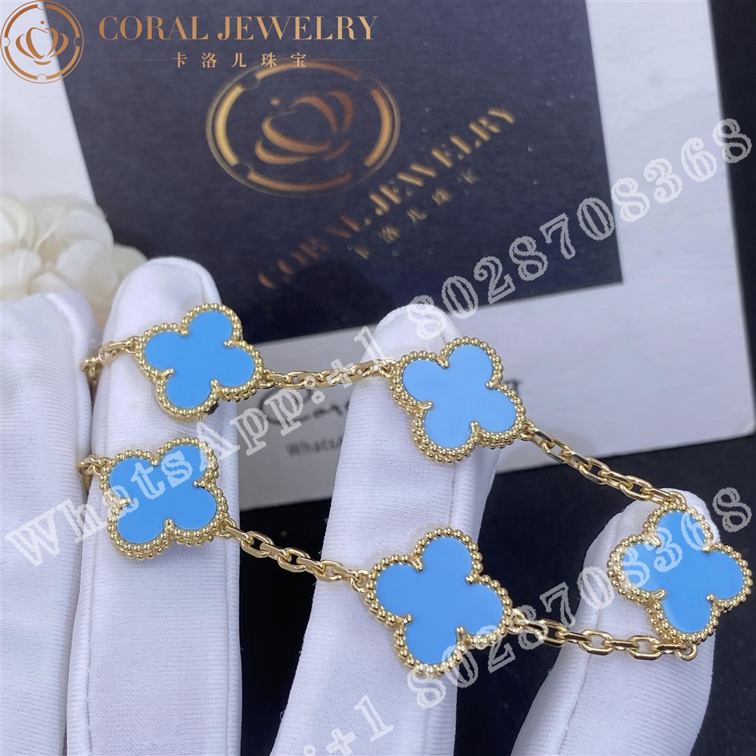 Van Cleef & Arpels Vintage Alhambra 5 Motif 18k Yellow Gold Turquoise Bracelet - Image 3