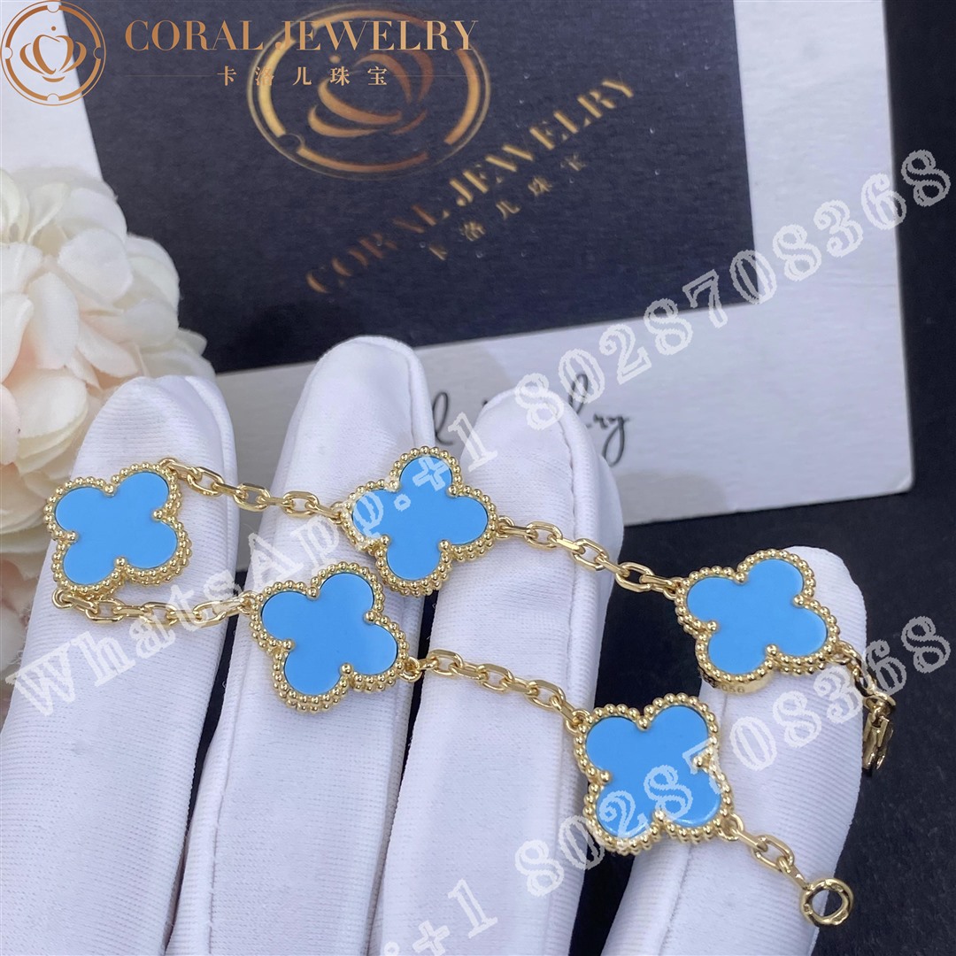 Van Cleef & Arpels Vintage Alhambra 5 Motif 18k Yellow Gold Turquoise Bracelet - Image 4