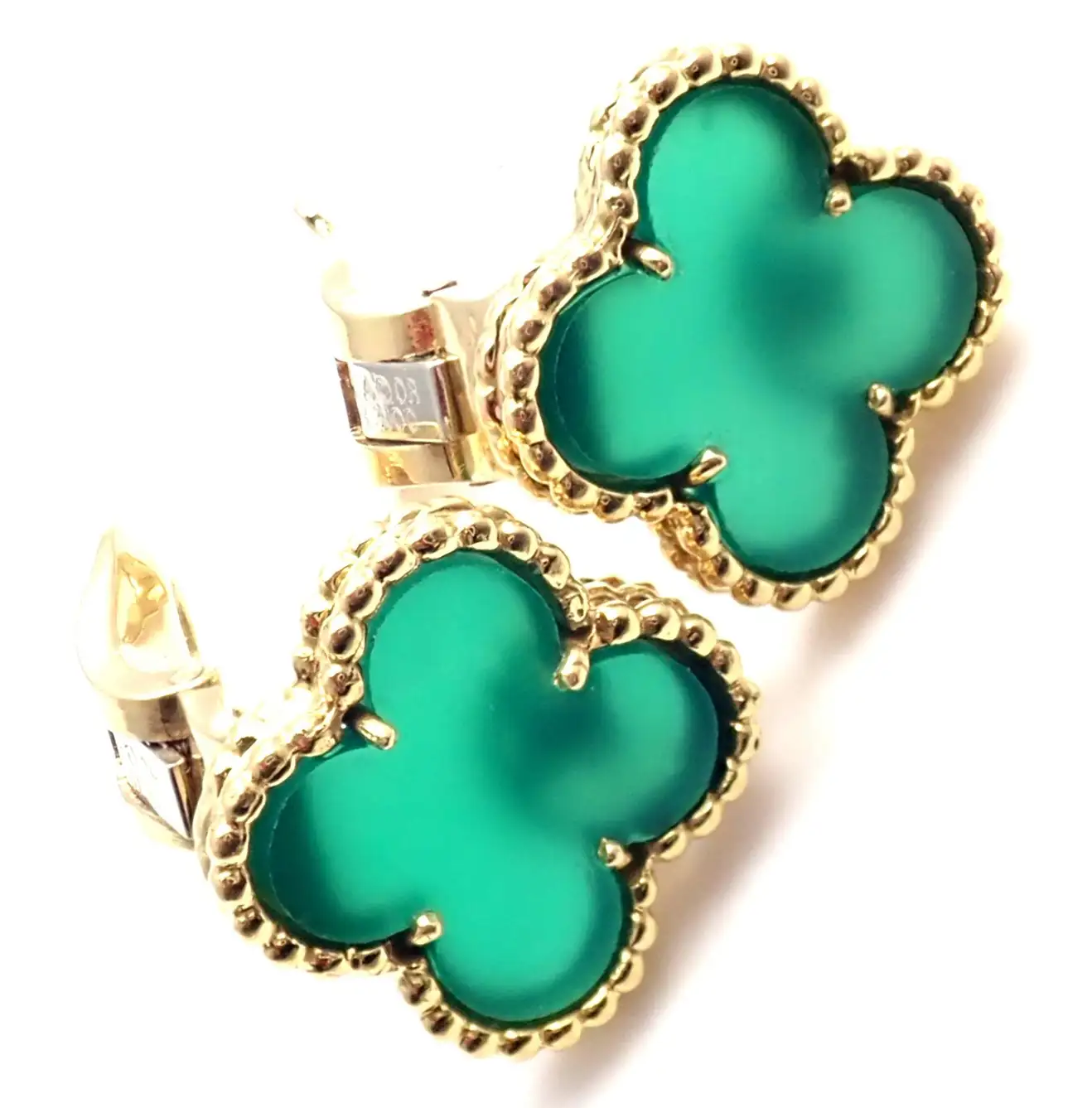 Van Cleef & Arpels Vintage Alhambra Green Chalcedony Yellow Gold Earrings