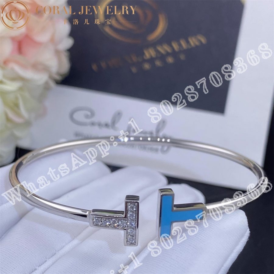 Tiffany T Diamond and Turquoise Wire Bracelet in 18k White Gold - Image 4
