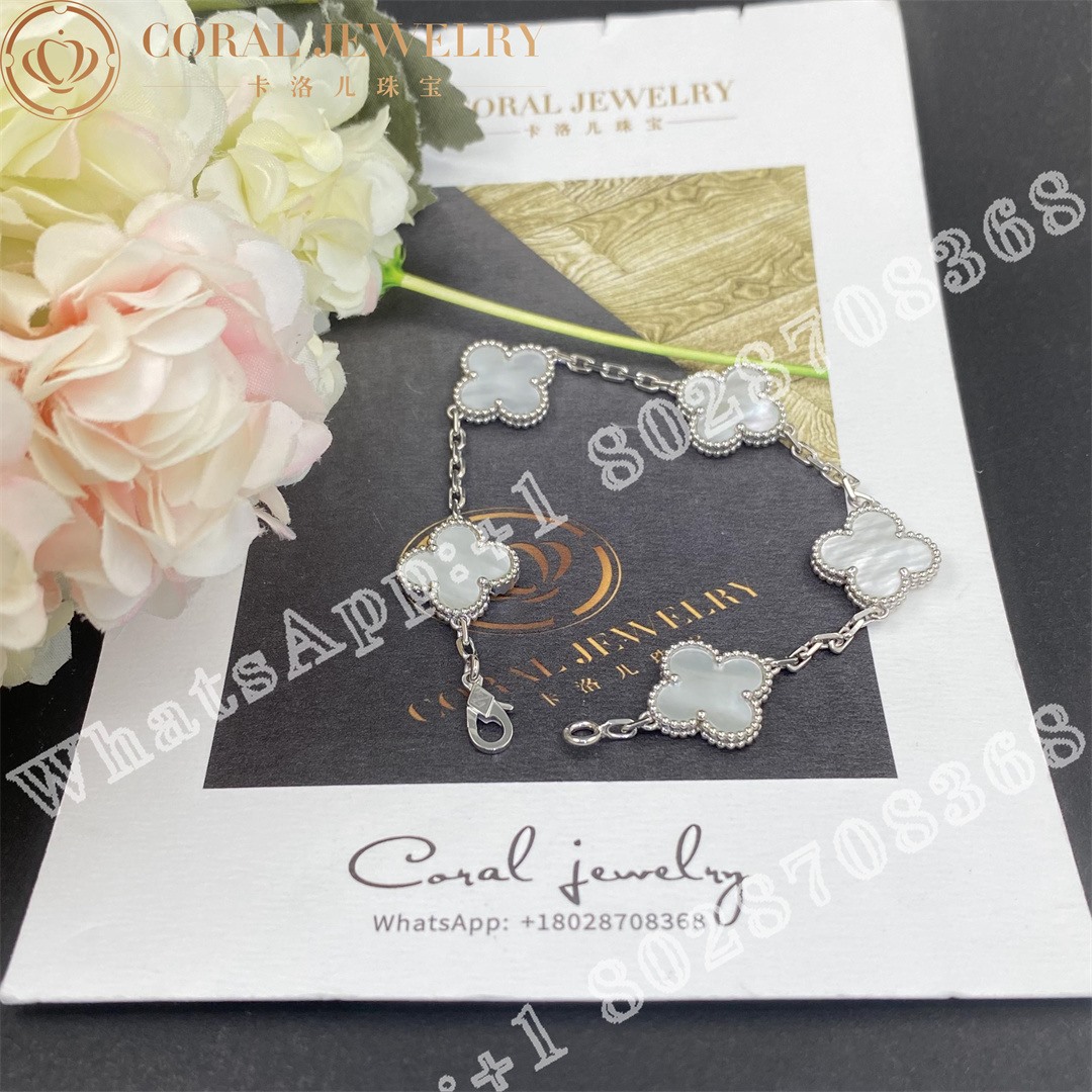 Van Cleef & Arpels Vintage Alhambra bracelet, 5 motifs White gold, Mother-of-pearl VCARF48400 - Image 5