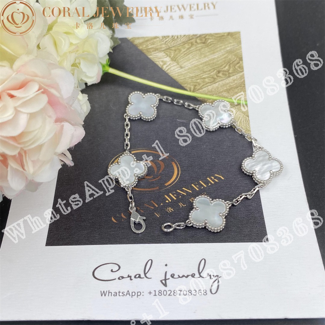 Van Cleef & Arpels Vintage Alhambra bracelet, 5 motifs White gold, Mother-of-pearl VCARF48400 - Image 6