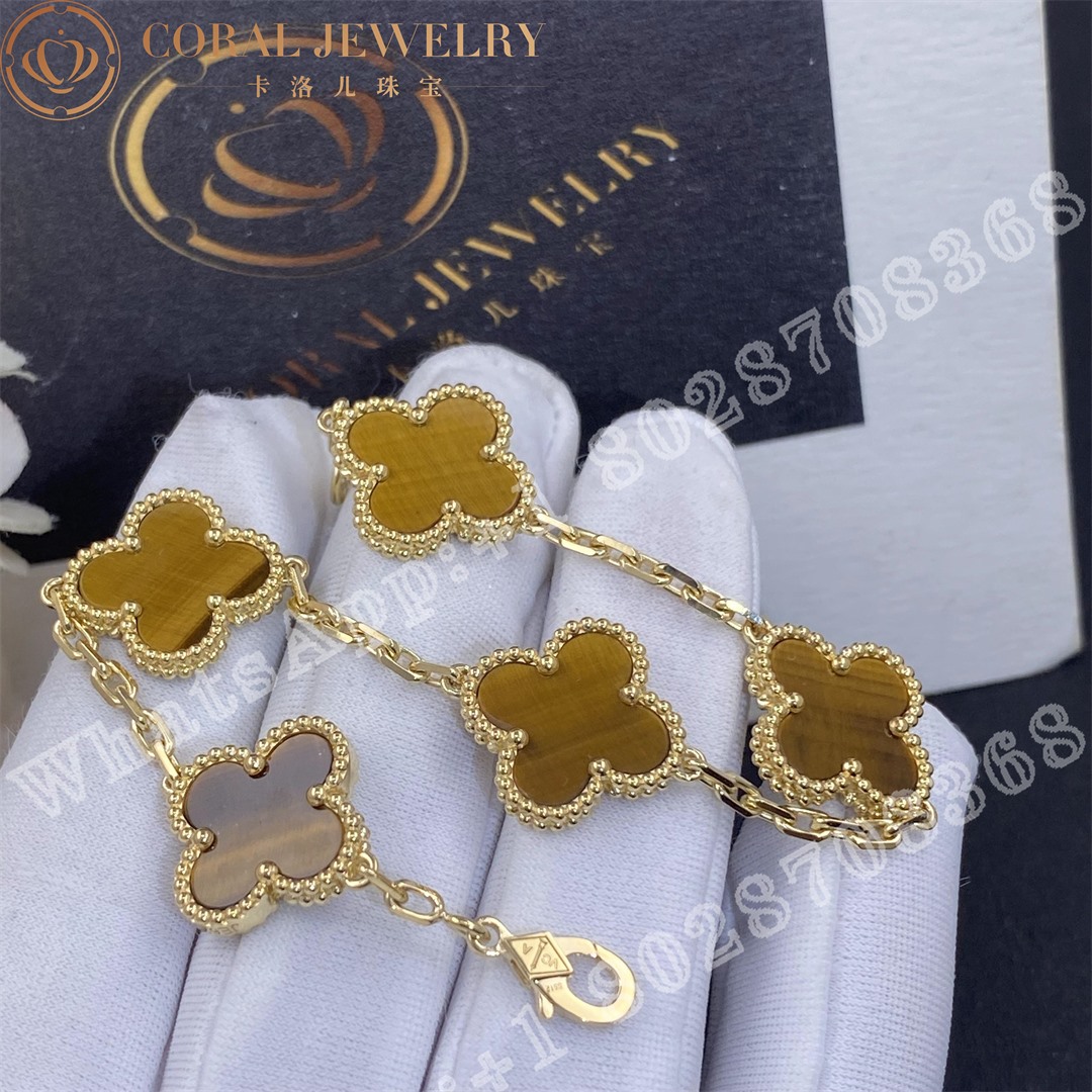 Van Cleef Arpels Vintage Alhambra Bracelet 5 Motifs Yellow Gold Tiger Eye Vcard35600 Coral (1)