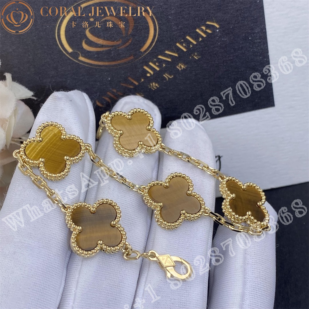 Van Cleef Arpels Vintage Alhambra Bracelet 5 Motifs Yellow Gold Tiger Eye Vcard35600 Coral (2)