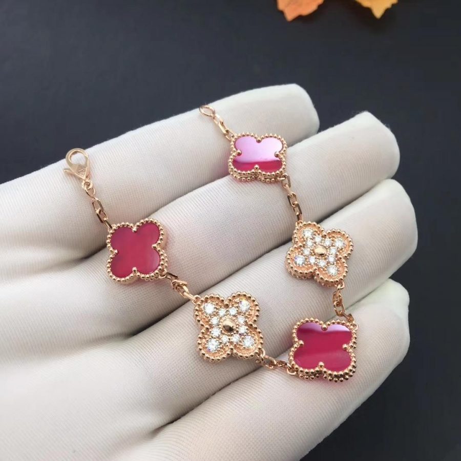 Van Cleef & Arpels Vintage Alhambra Limited Edition Diamond Pink Ceramic Gold Bracelet