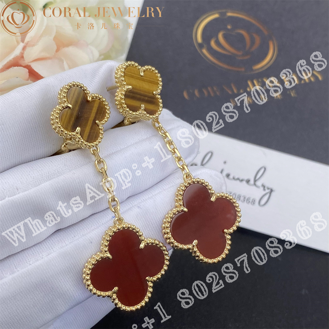 Van Cleef Arpels Magic Alhambra Earrings 2 Motifs Yellow Gold Carnelian Tiger Eye Vcarn5jr00 Coral (1)