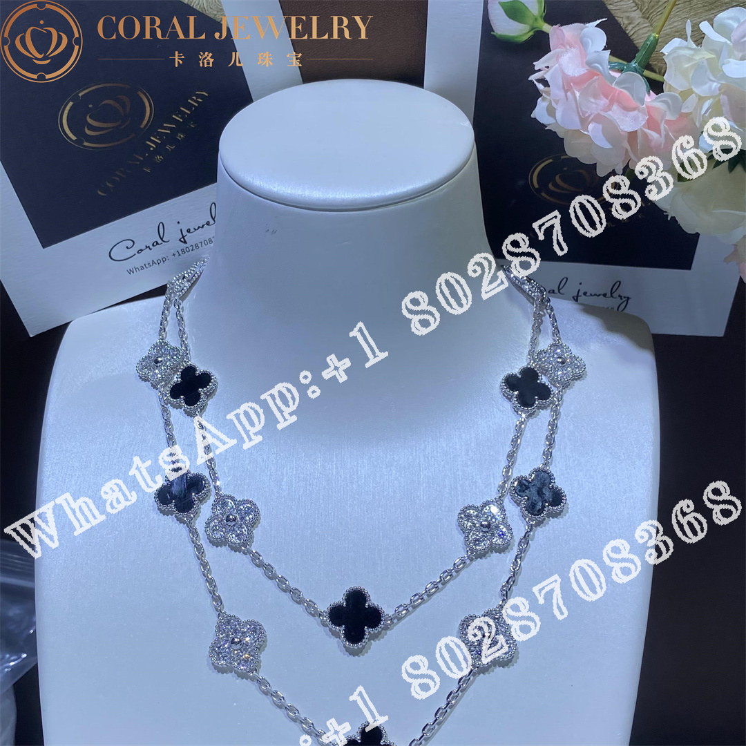 Van Cleef Arpels Vintage Alhambra Long Necklace 20 Motifs White Gold Diamond Onyx Vcarp2r800 Cora (7)