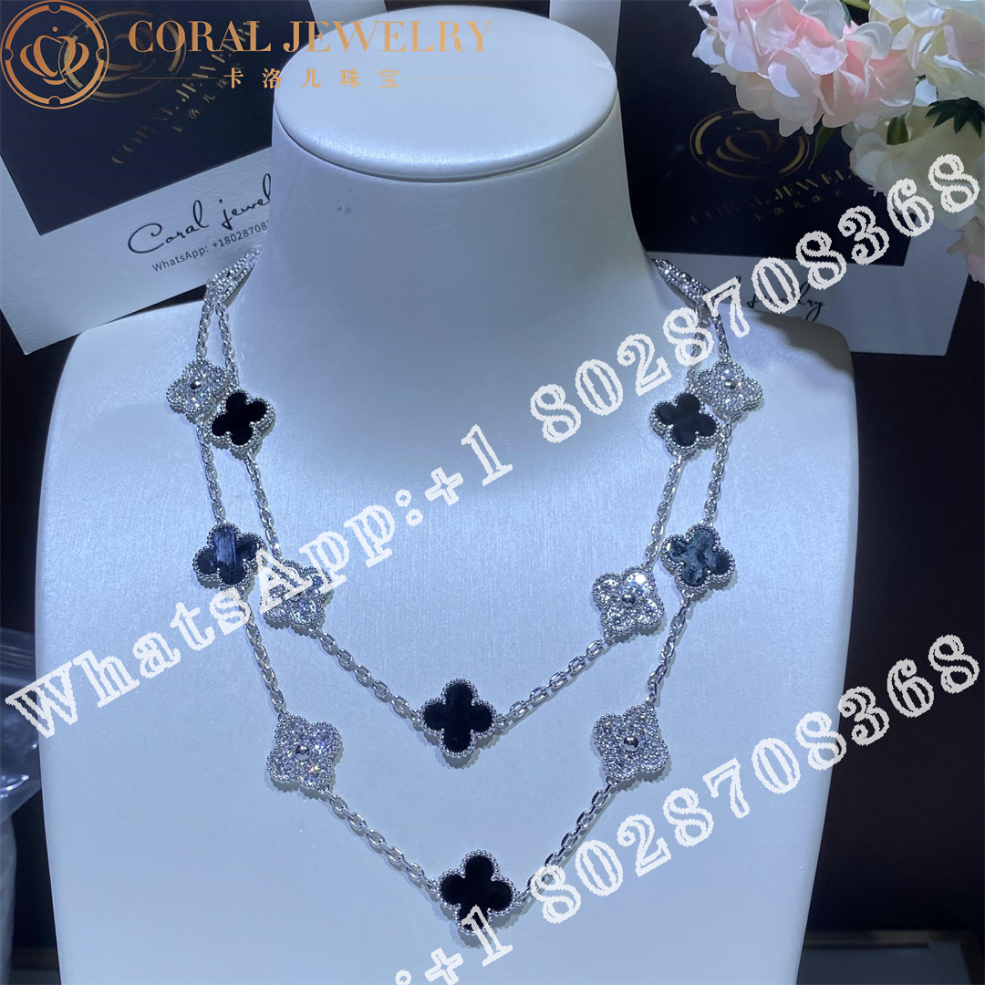 Van Cleef & Arpels Vintage Alhambra long necklace, 20 motifs White gold, Diamond, Onyx VCARP2R800 - Image 3