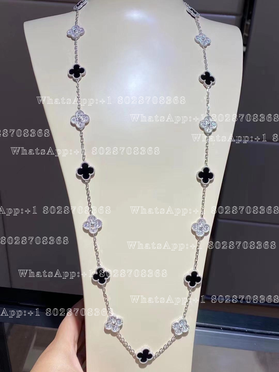 Van Cleef & Arpels Vintage Alhambra long necklace, 20 motifs White gold, Diamond, Onyx VCARP2R800