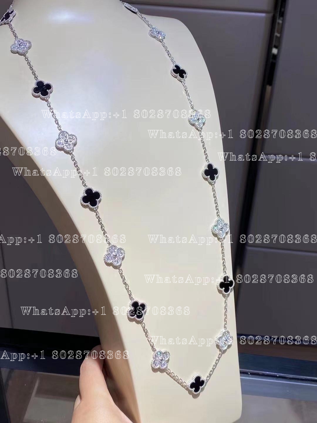 Van Cleef & Arpels Vintage Alhambra long necklace, 20 motifs White gold, Diamond, Onyx VCARP2R800