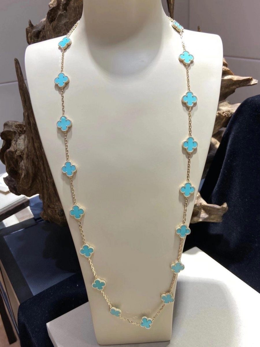Van Cleef & Arpels Vintage Alhambra long necklace, 20 motifs Yellow gold, Turquoise - Image 4