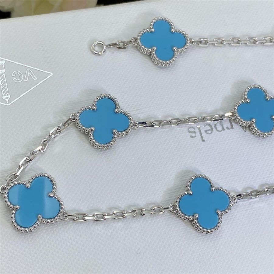 Van Cleef & Arpels Vintage Alhambra necklace, 10 motifs White gold, Turquoise