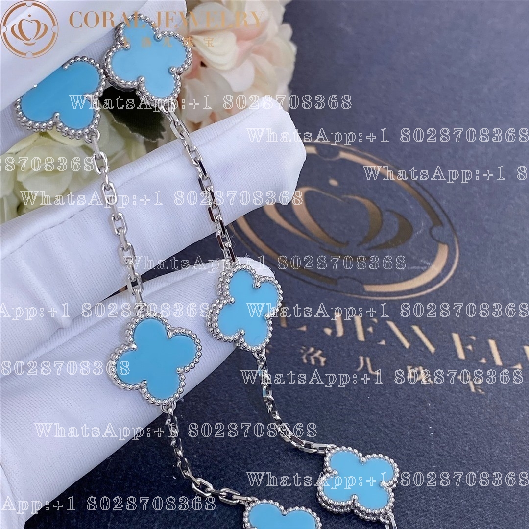 Van Cleef Arpels Vintage Alhambra Necklace 10 Motifs White Gold Turquoise Coral (4)