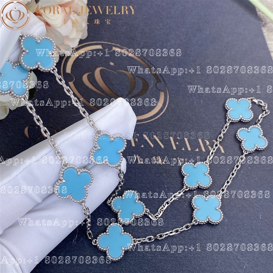 Van Cleef Arpels Vintage Alhambra Necklace 10 Motifs White Gold Turquoise Coral (6)