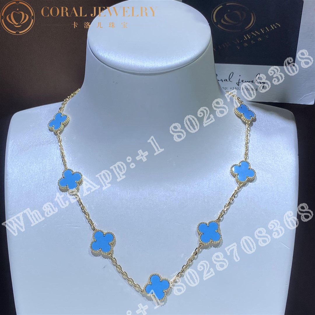 Van Cleef Arpels Vintage Alhambra Necklace 10 Motifs Yellow Gold Turquoise Coral (8)