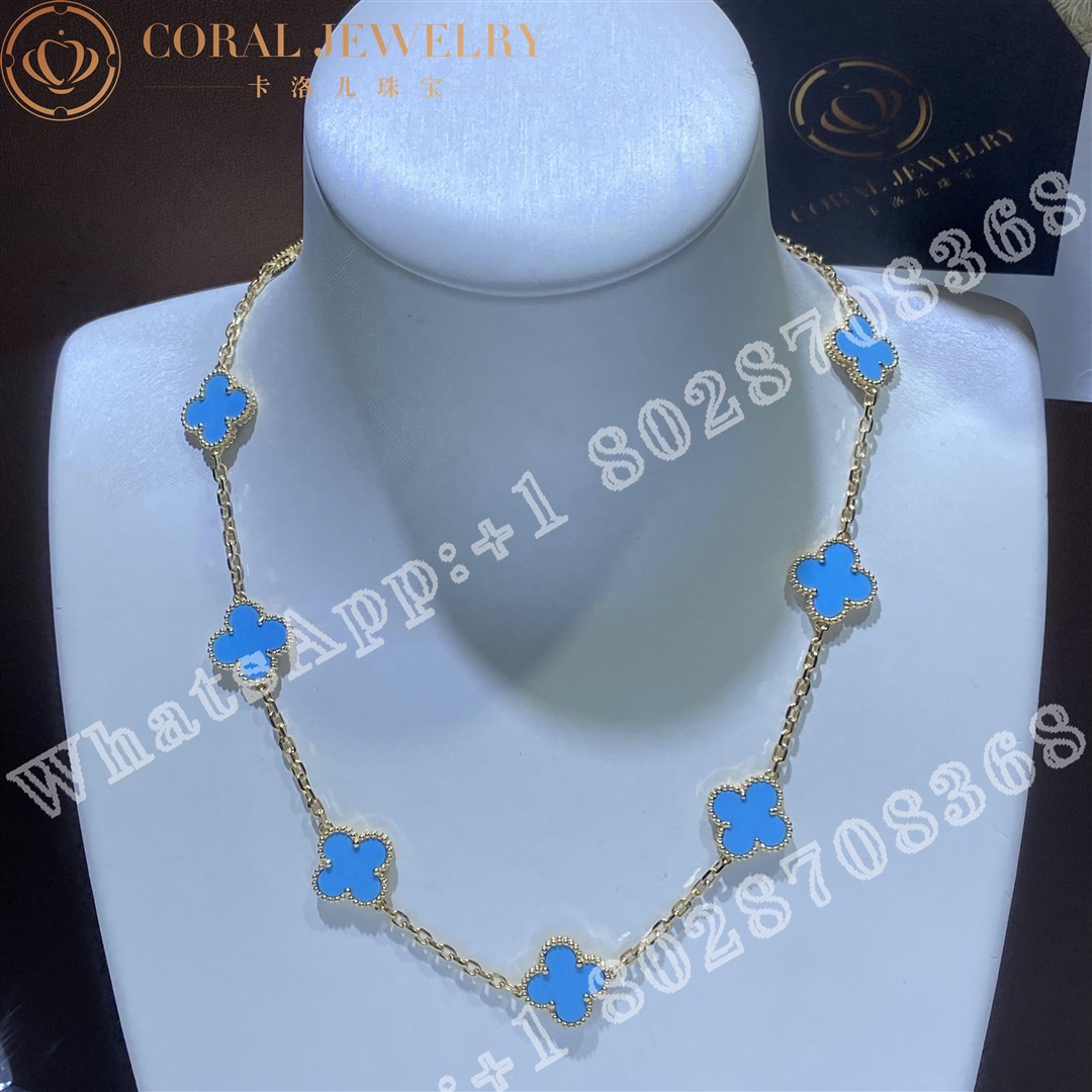 Van Cleef Arpels Vintage Alhambra Necklace 10 Motifs Yellow Gold Turquoise Coral (9)