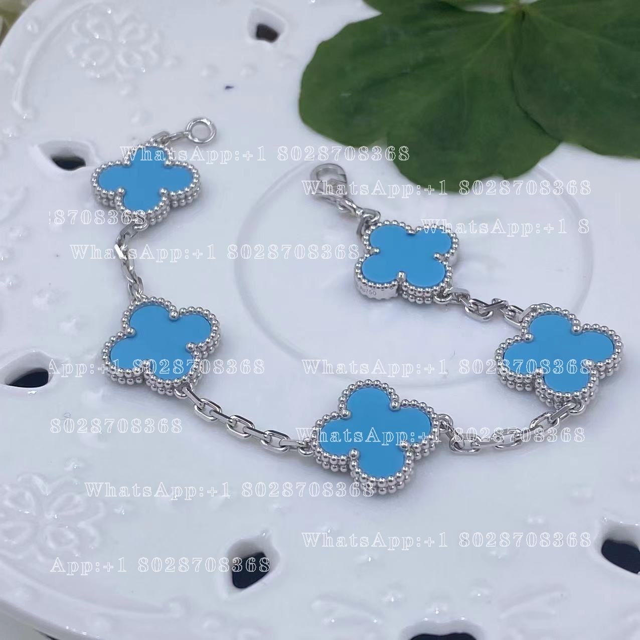 Van Cleef & Arpels Vintage Alhambra 5 Motif 18k White Gold Turquoise Bracelet