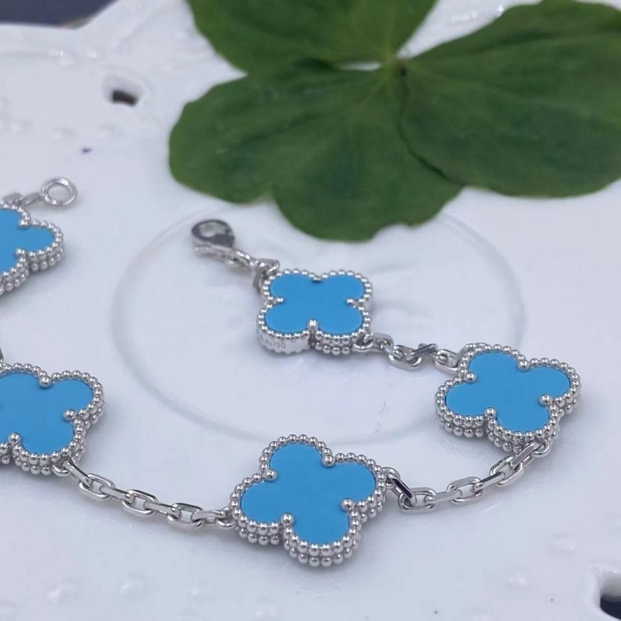 Van Cleef & Arpels Vintage Alhambra 5 Motif 18k White Gold Turquoise Bracelet