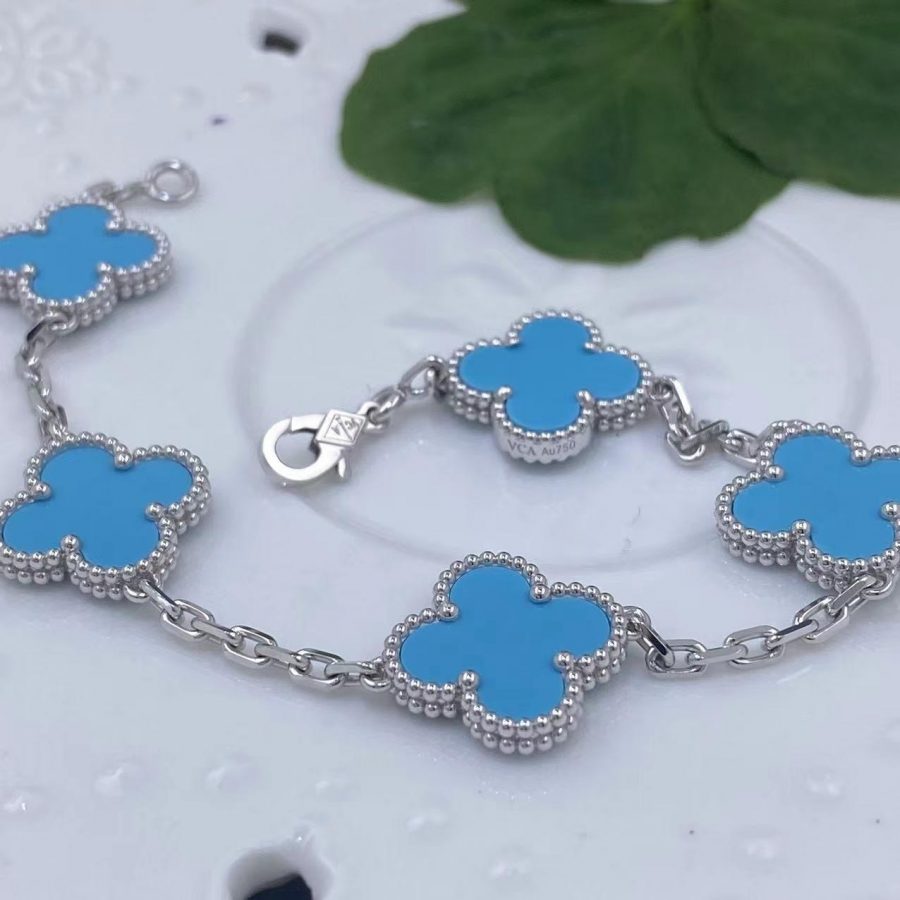 Van Cleef & Arpels Vintage Alhambra 5 Motif 18k White Gold Turquoise Bracelet